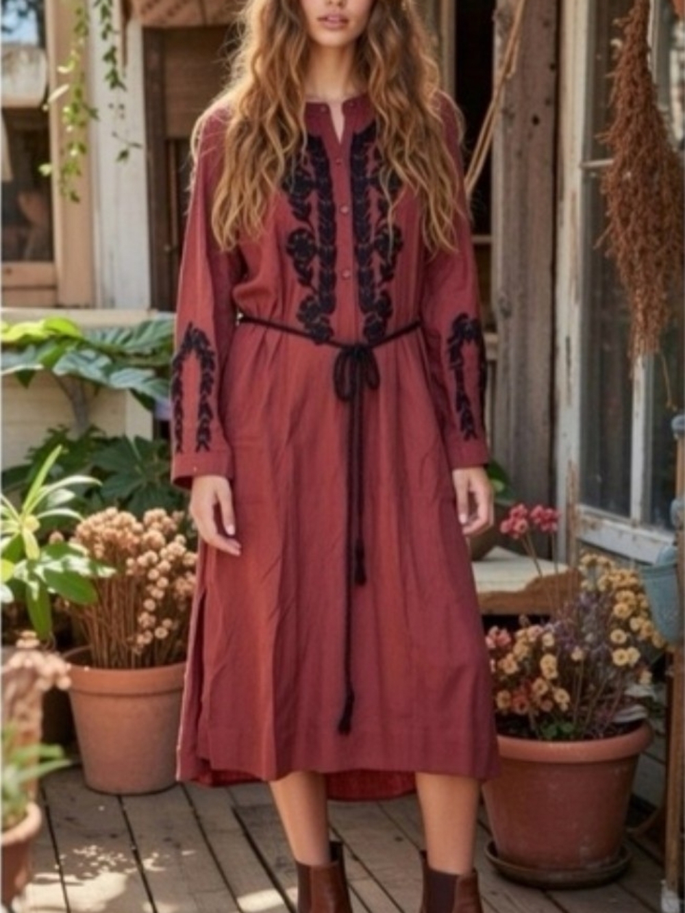 New Ex Voto Ivy Caftan Dress in Wine + Black Embroidered Detail, NWT Medium